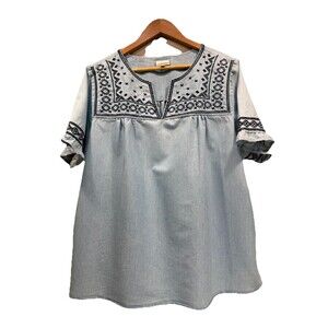 AVENUE Women's Size 22/24 Cotton Blend Chambray Denim Embroidered Tunic Top
